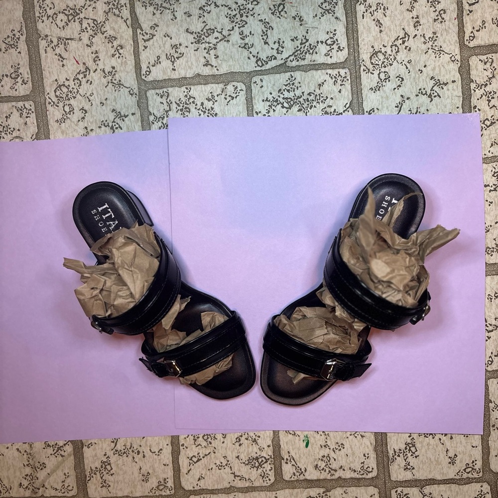 Italian Shoemakers Black Slide Sandal with Gold Buckle